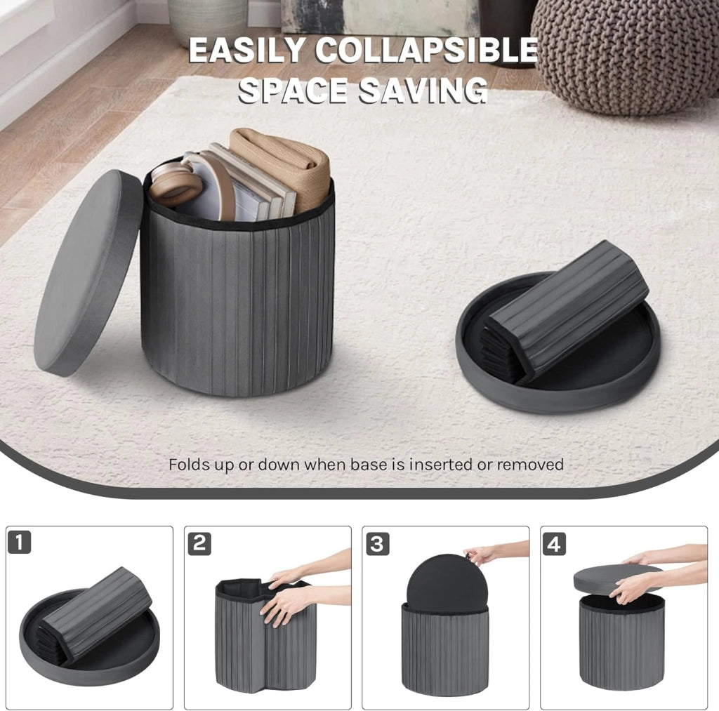 Pouf Sgabello con Contenitore Rotondo, Poggiapiedi per Divano, Pouf Basso Pieghevole, per Soggiorno, Camera da Letto, in Velluto, φ38xH36cm, Grigio Scuro