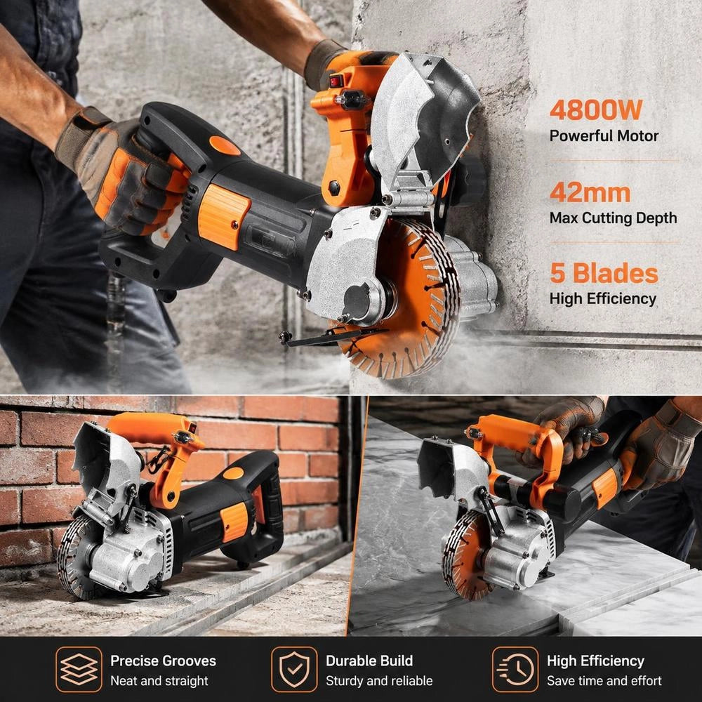 Electric Wall Chaser 5000 Rpm, 4800 Watt Wall Groove Cutting Machine, 42mm Notcher/groover For Brick, Granite, Marble, Concrete, With 5 Saw Blades