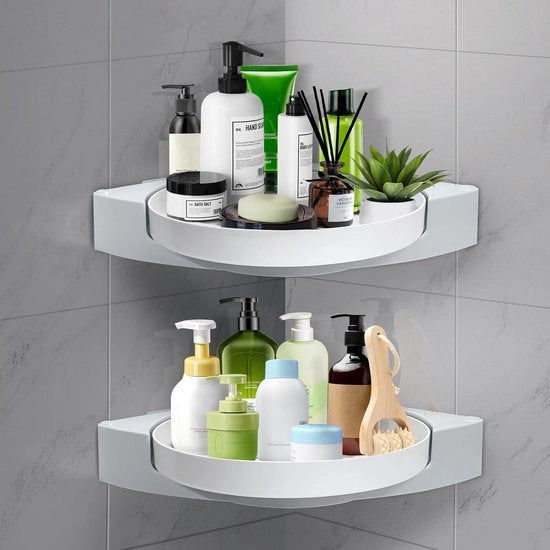 Pannello per doccia, senza fori, rotativo, ripiano per bagno, piastra rotativa, ripiano per cucina, angolo, organizzatore per spezie, supporto per gel doccia, per cucina, bagno, per appendere, bianco