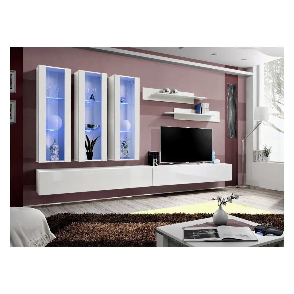 Mobile TV FLY E3 design, colore bianco lucido. Mobile sospeso moderno e alla moda per il tuo soggiorno.