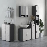 kleankin Colonna Bagno in Truciolato con 2 Ripiani Aperti e 2 Armadietti a 2 Livelli, 30x30x183 cm, Grigio
