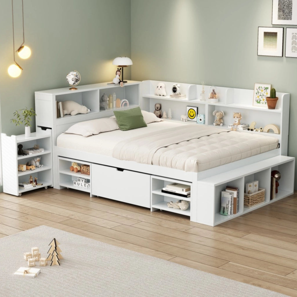 Letto singolo multifunzionale 140x200 cm con contenitori e rete a doghe; in legno multistrato bianco
