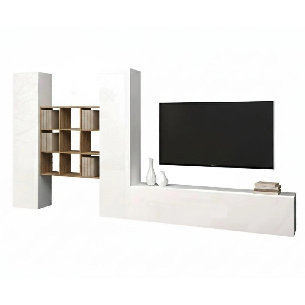 Mobile Soggiorno Genoveffa, Parete Attrezzata 18 Ripiani Made in Italy, 270x30x180h cm Bianco Lucido
