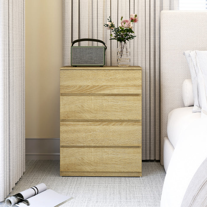 Cassettiera 4 Cassetti 60x40x80 cm con Guide in Metallo e Maniglie Scanalate in Legno color Faggio