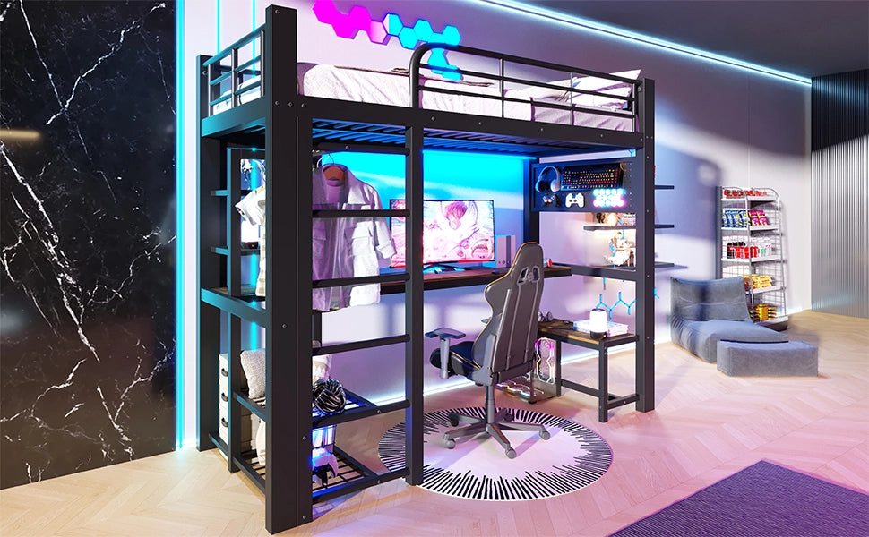 DESMIU Lit mezzanine 90 × 200 cm 1 posto con LED, ripiani e scrivania, senza materasso, in metallo, nero