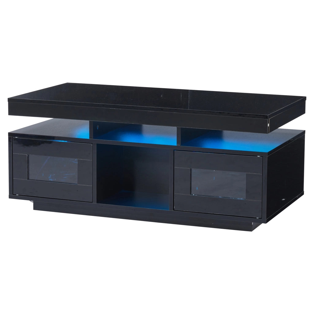 Tavolino da Caffè con 2 Ante e 2 Vani Semiaperti e LED; Presa + USB; Nero Lucido; in Pannello truciolare; 100×50×43 cm