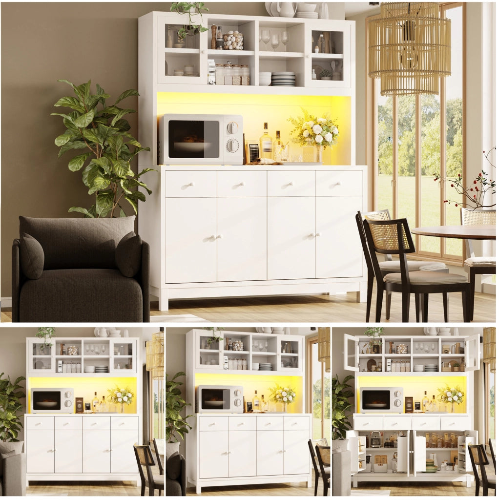 Credenza alta bianca con LED RGB, ante in vetro e 4 cassetti
