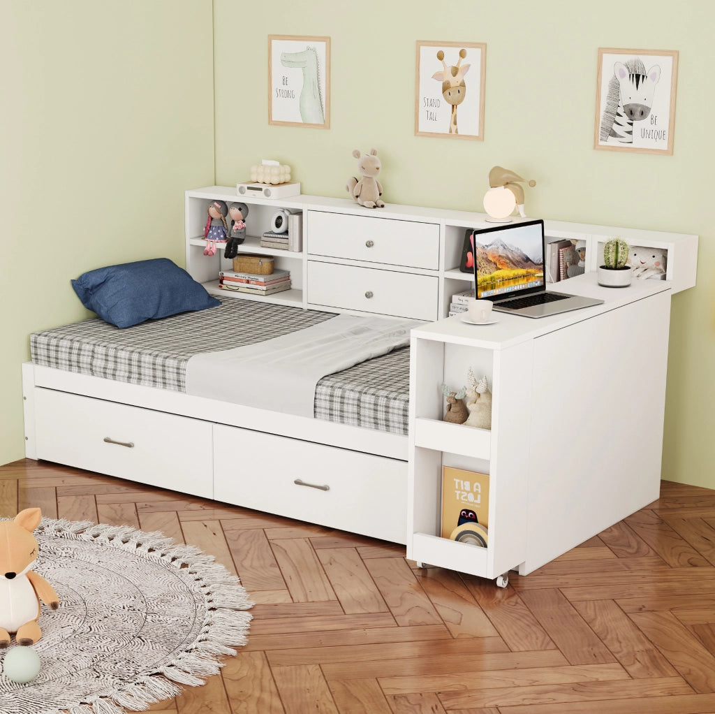 Letto singolo 90x200 cm con scrivania estraibile; cassetti e USB; bianco
