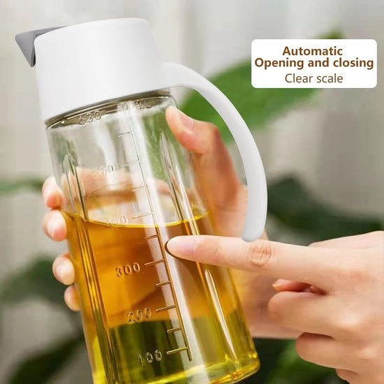 Fusto di vetro per olii 650 ml con apertura e chiusura automatica – maniglia antiscivolo per olio d'oliva, aceto e soia