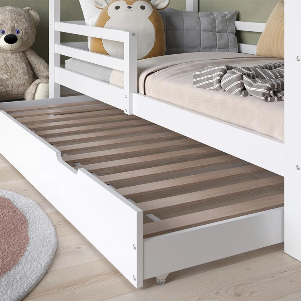 Letto montessori bambini Luni, Bianco, 200 x 90 cm con letto per ospiti, come una piccola casa per un'atmosfera calda