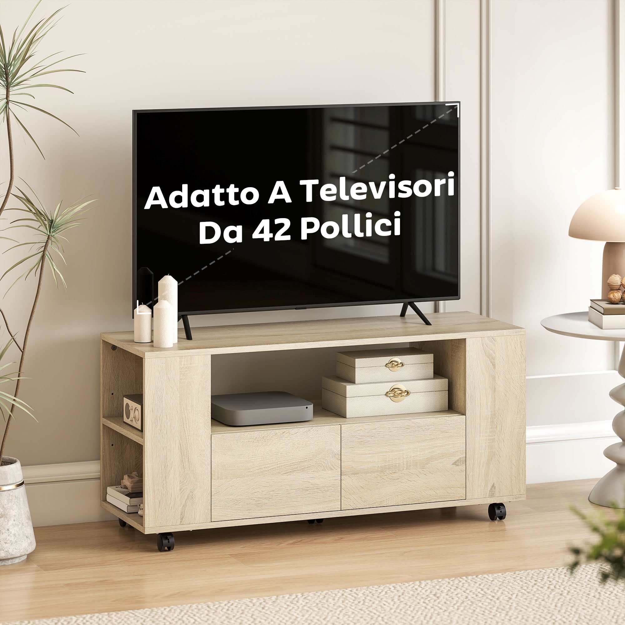 Mobile Porta TV 102x34.5x48.5 cm da 42" con Ruote Ripiani Regolabili e Cassetti Legno