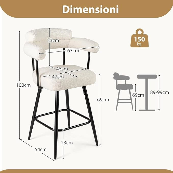 Set di 2 Sgabelli da Bar Girevoli, Sedie Imbottite in Boucle con Schienale, Braccioli Curvi, Gambe in Metallo e Poggiapiedi, Portata 150 kg, per Isola Cucina, Caffè e Pub (Bianco)