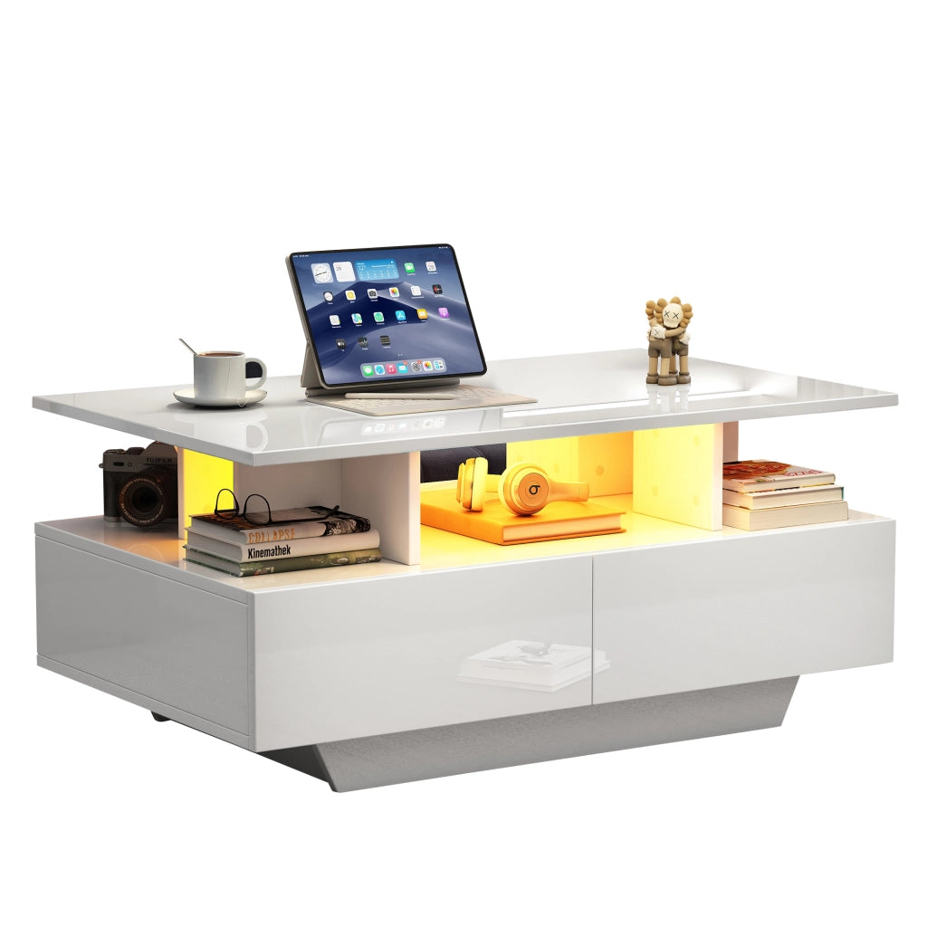 Tavolino da caffè 90x55x41 cm; con illuminazione LED e 2 cassetti; truciolato; bianco