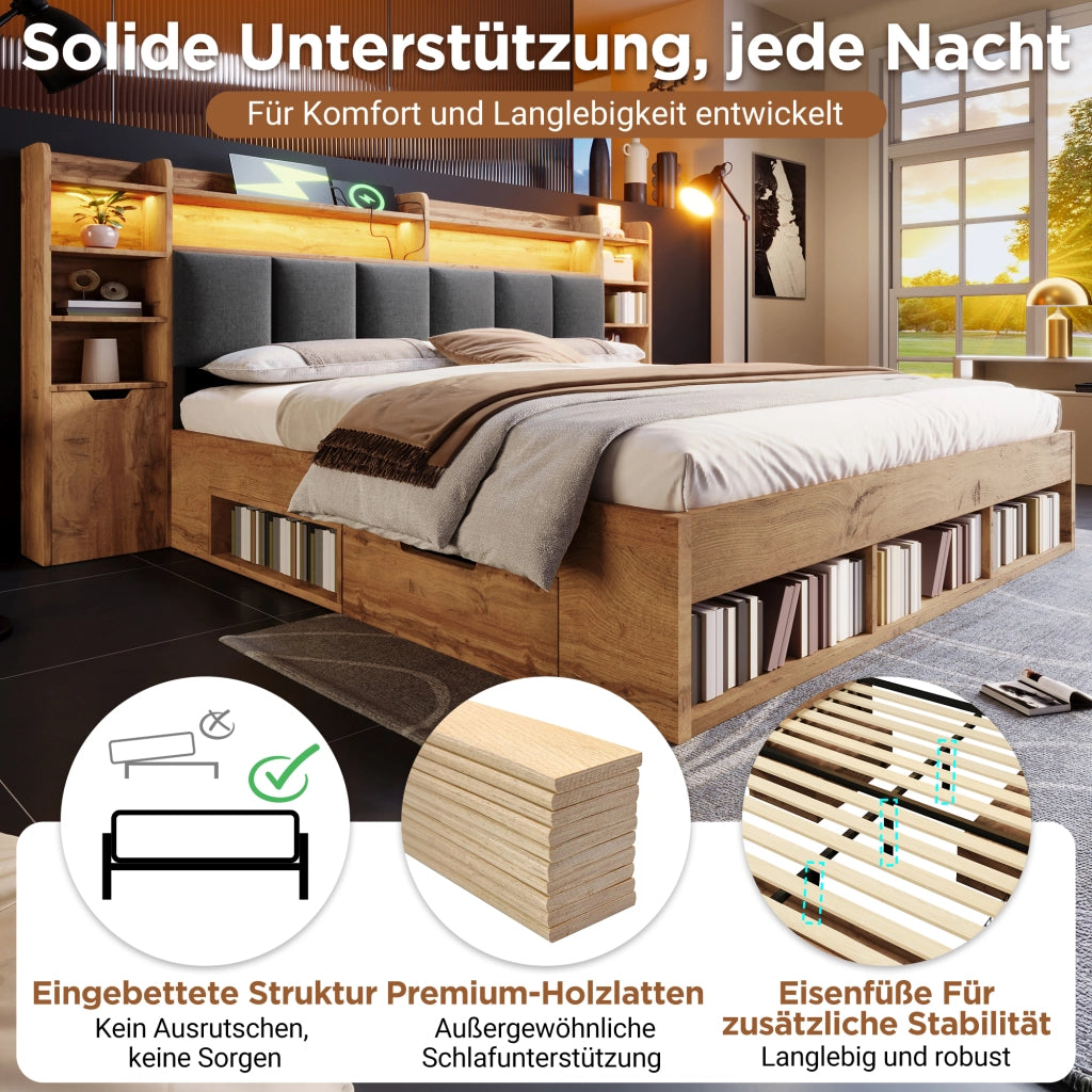 Letto matrimoniale 180 × 200 cm con illuminazione LED, porte USB e USB-C, contenitore e senza materasso