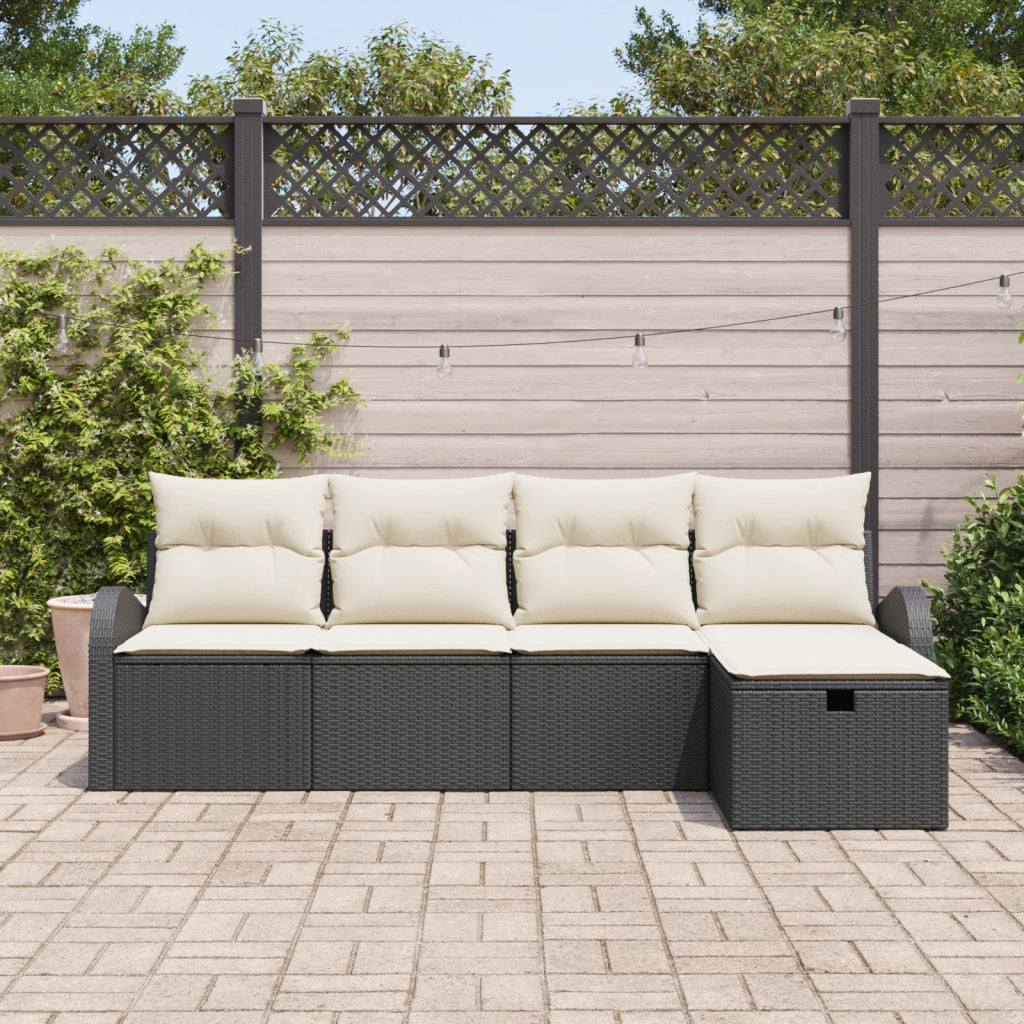 Set Divano da Giardino 5 Pezzi con Cuscini Nero Polyrattan