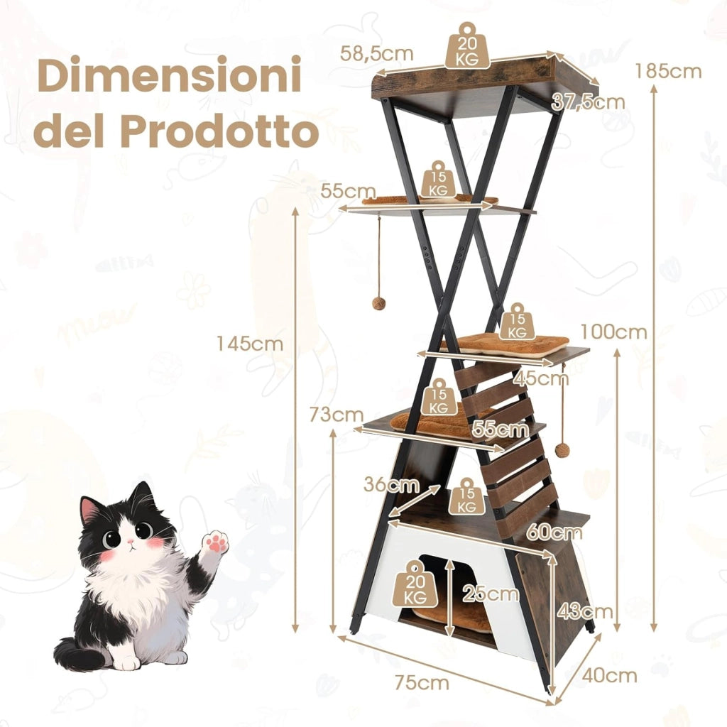 Tiragraffi per Gatti Grande, Albero per Gatti Multilivelli con 3 Pompon Pendenti, Elastici, Tappetino da Graffiare, Cuccia, Trespolo e 4 Cuscini Rimovibili, Centro Attività per Gatti