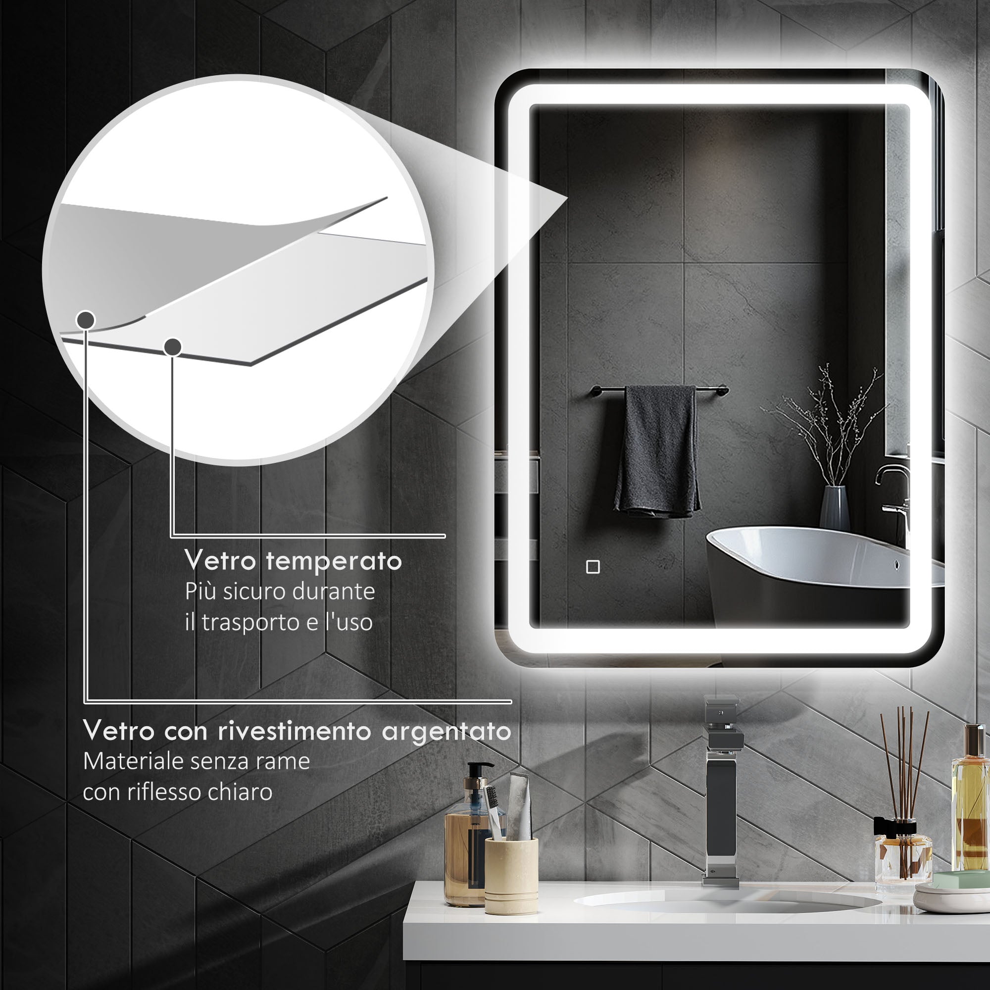 Specchio Bagno 60x80 cm LED Touch con Luce Dimmerabile a 3 Temperature e Antiappannamento
