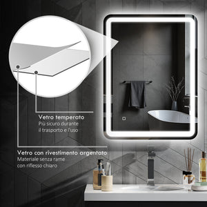 Specchio Bagno 60x80 cm LED Touch con Luce Dimmerabile a 3 Temperature e Antiappannamento