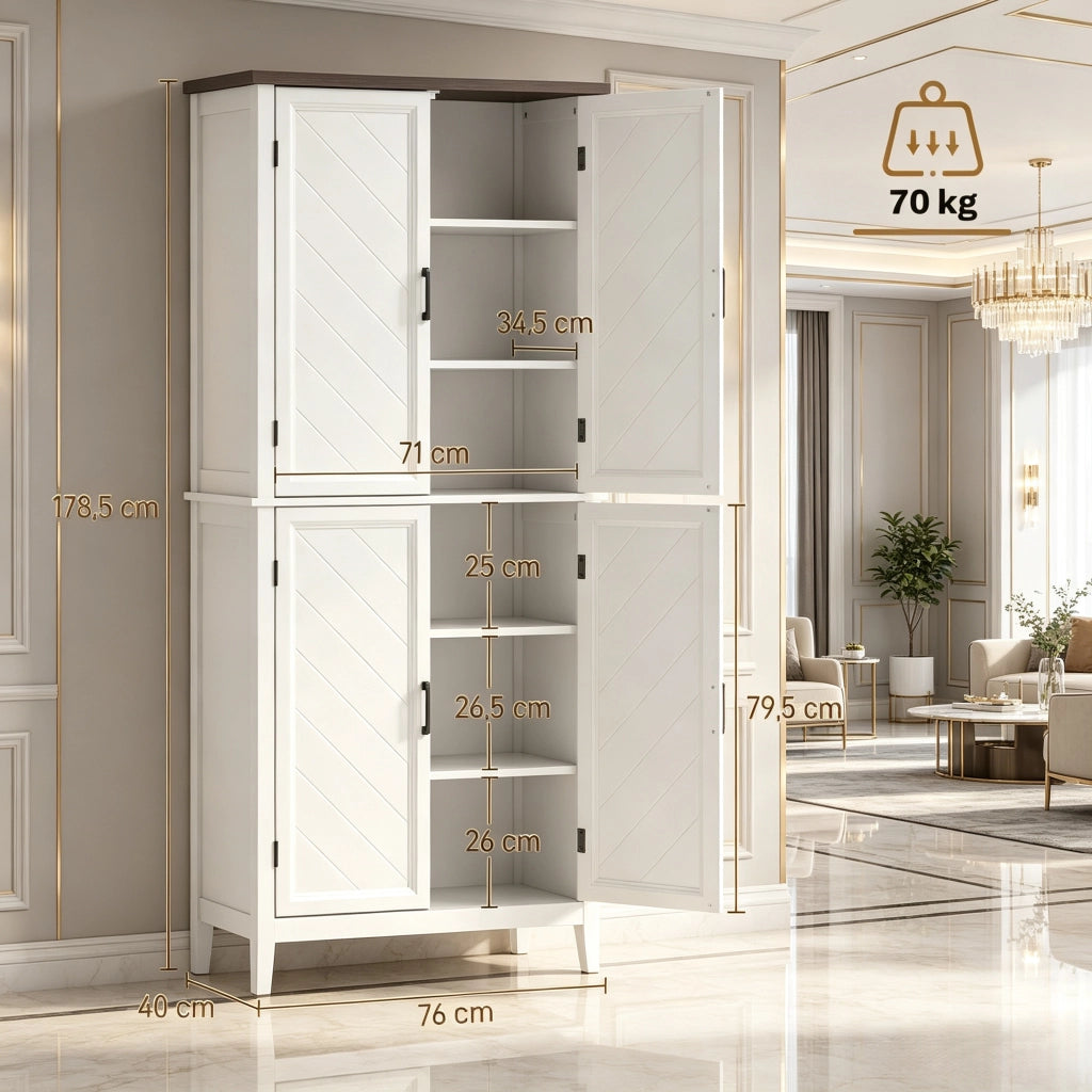 Credenza da cucina a 6 livelli con 4 ante e 4 ripiani regolabili in MDF bianco 76 × 40 × 178,5 cm