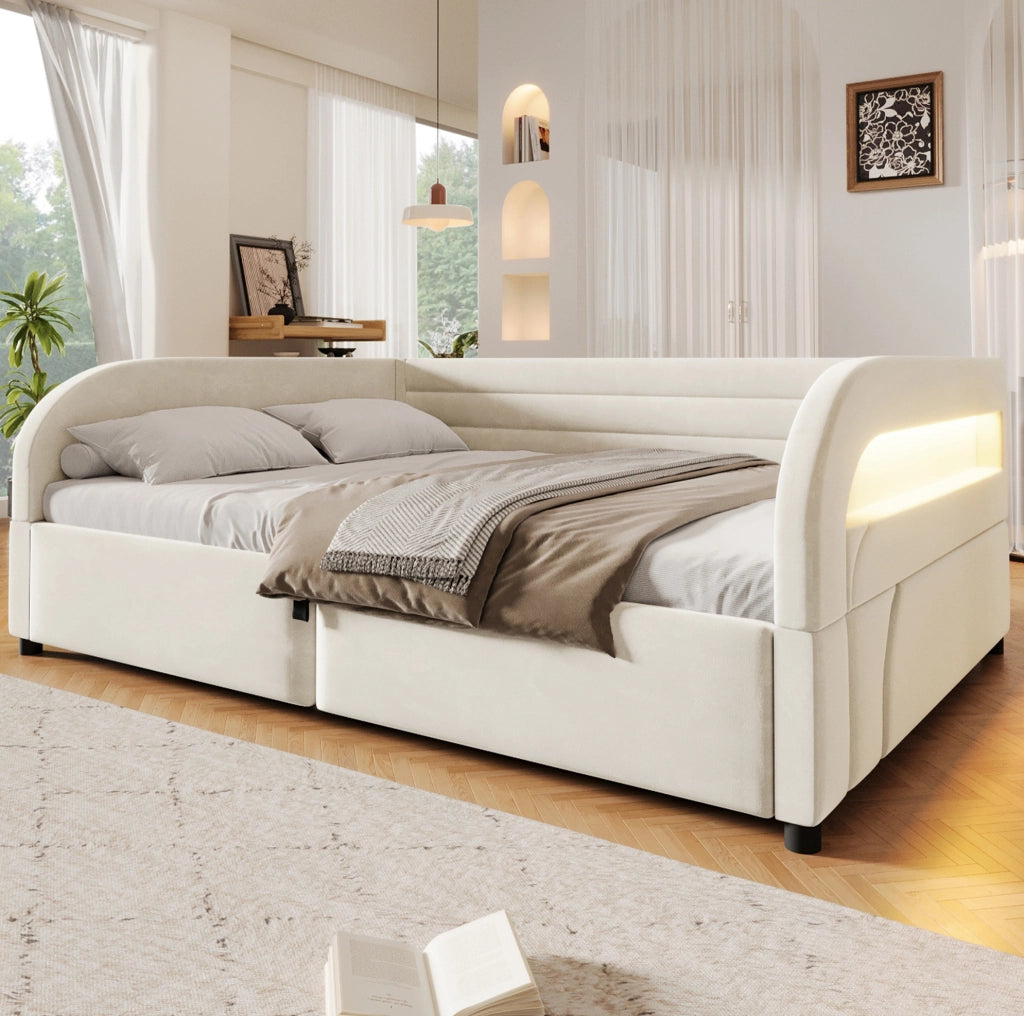 Letto imbottito 140x200 cm con contenitore idraulico e LED