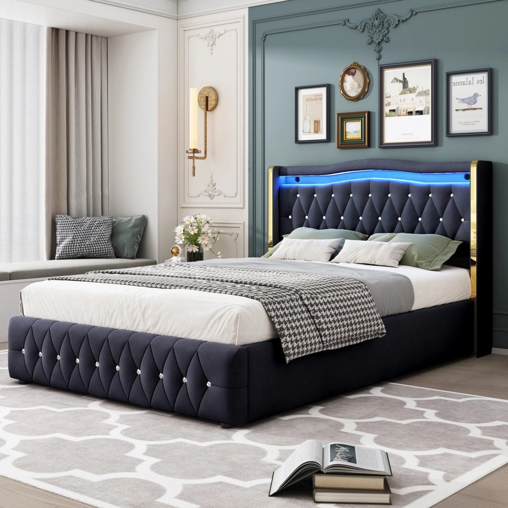 Letto contenitore 140 × 200 cm 2 posti con LED multicolore e vano idraulico, senza materasso, velluto nero