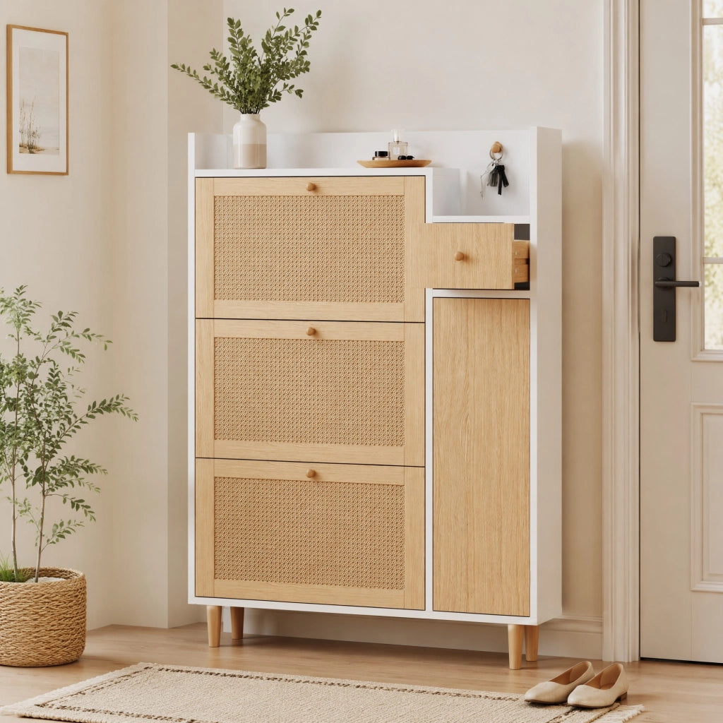 Mobile portascarpe in stile rattan con 3 ante a ribalta e 1 cassetto; 90x125x17 cm; MDF naturale e bianco