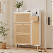 Mobile portascarpe in stile rattan con 3 ante a ribalta e 1 cassetto; 90x125x17 cm; MDF naturale e bianco