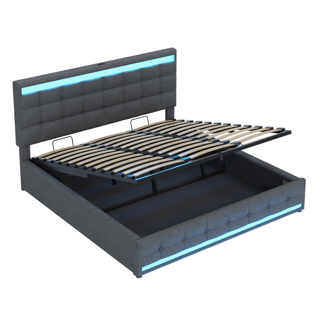 Letto imbottito con LED RGB, USB e contenitore integrato
