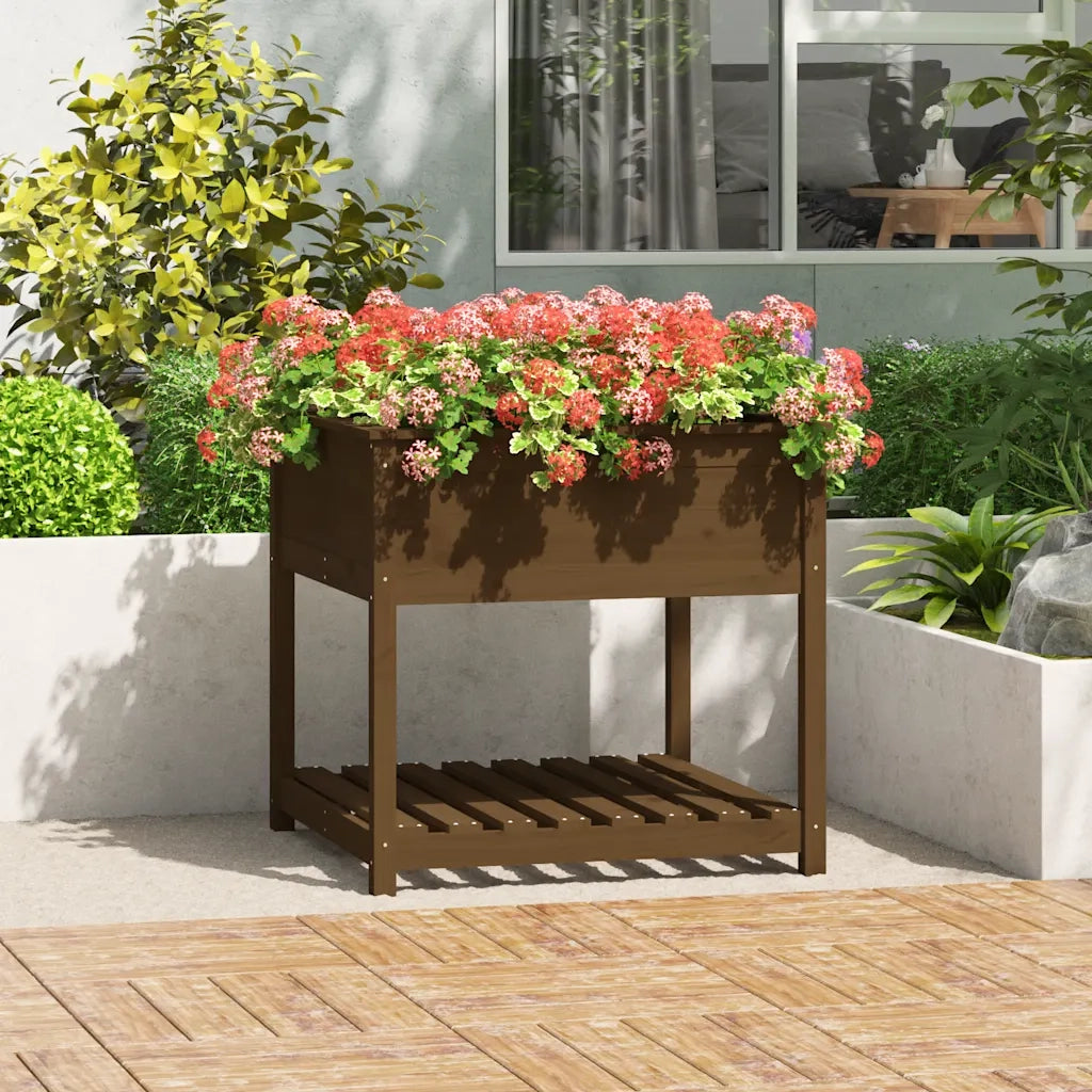 Fioriera con Mensola-Vaso con Ripiano-Contenitore per Piante Ambra 82,5x82,5x81 cm Legno Massello Pino