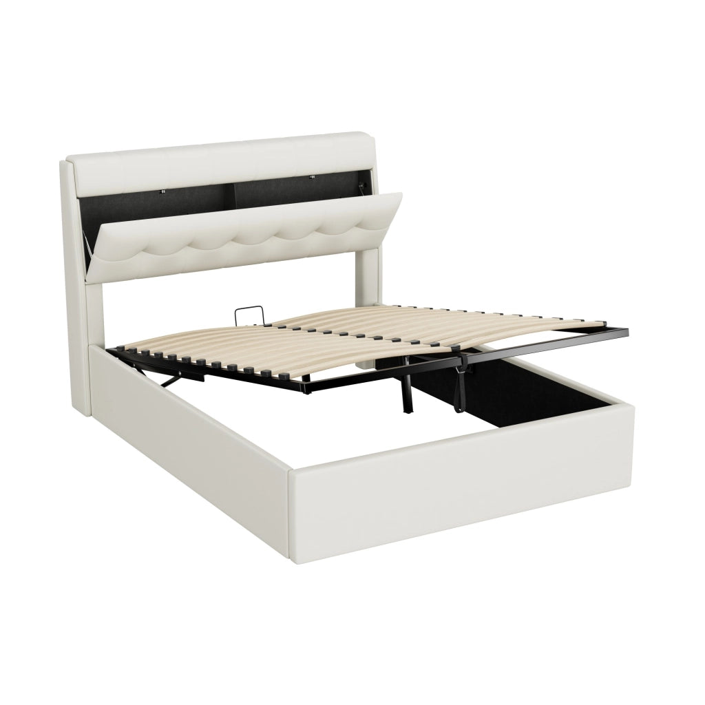 Letto Contenitore 140 x 200 cm; Letto Matrimoniale con Vano Nascosto e Sollevamento Idraulico; senza Materasso; PU Bianco
