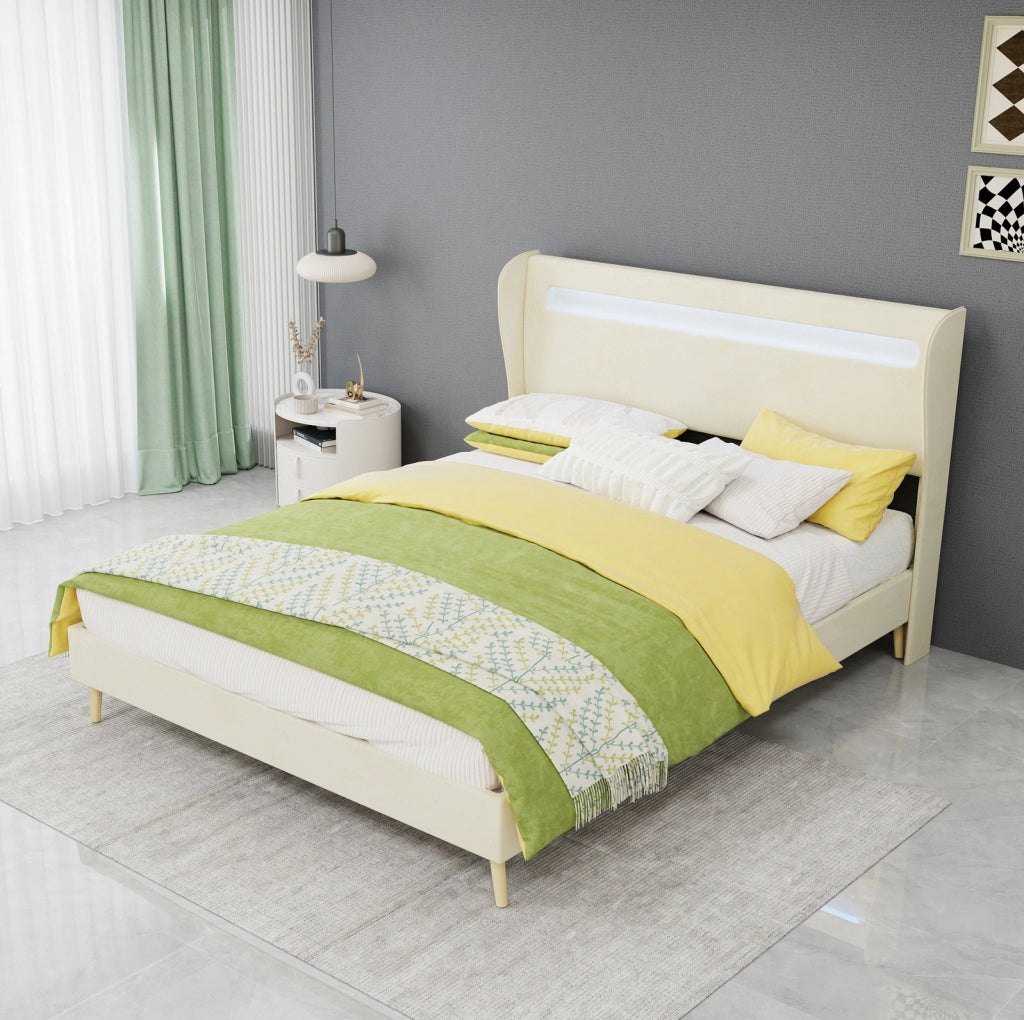Letto imbottito con LED regolabile 140 x 200 cm in tessuto e metallo beige