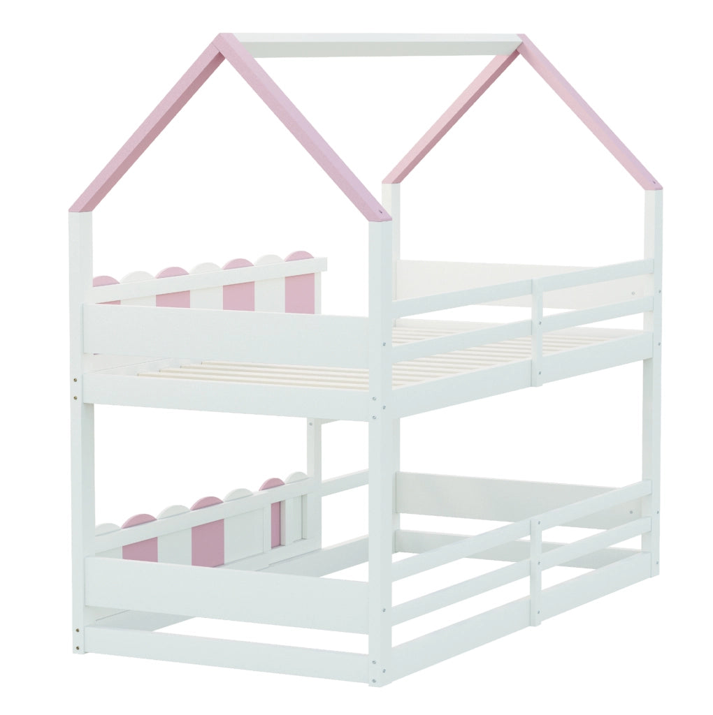 Letto a castello ULEVR 90x200 cm a forma di casa con scala e sponde di sicurezza, rosa e bianco