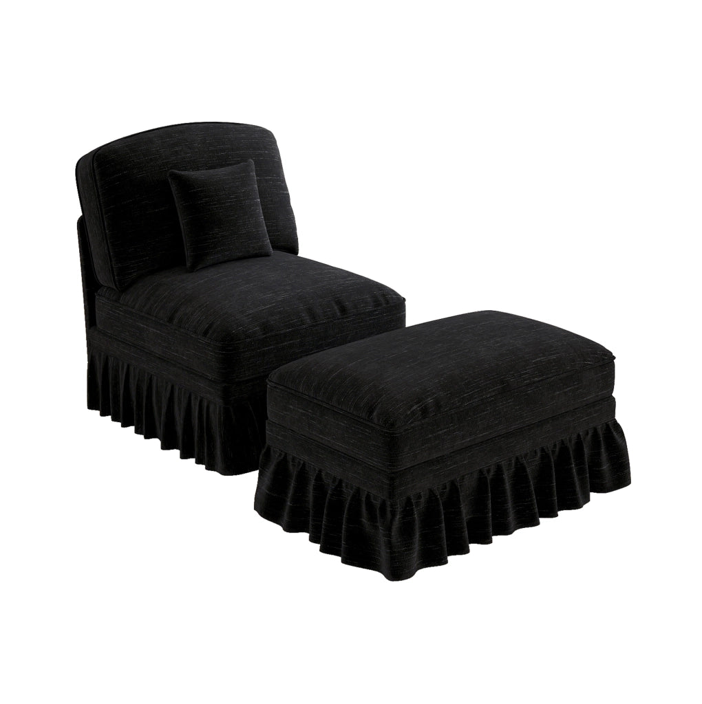 Divano in ciniglia nero con pouf; gonna con volant removibile e cuscino