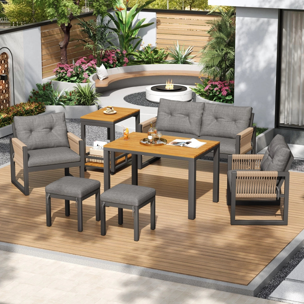 Salotto da Giardino con 1 Divano 2 Posti; 2 Poltrone e 1 Tavolo Rimovibile; per Terrazza; Ferro; Poliestere e Legno Plastico; Grigio e Naturale