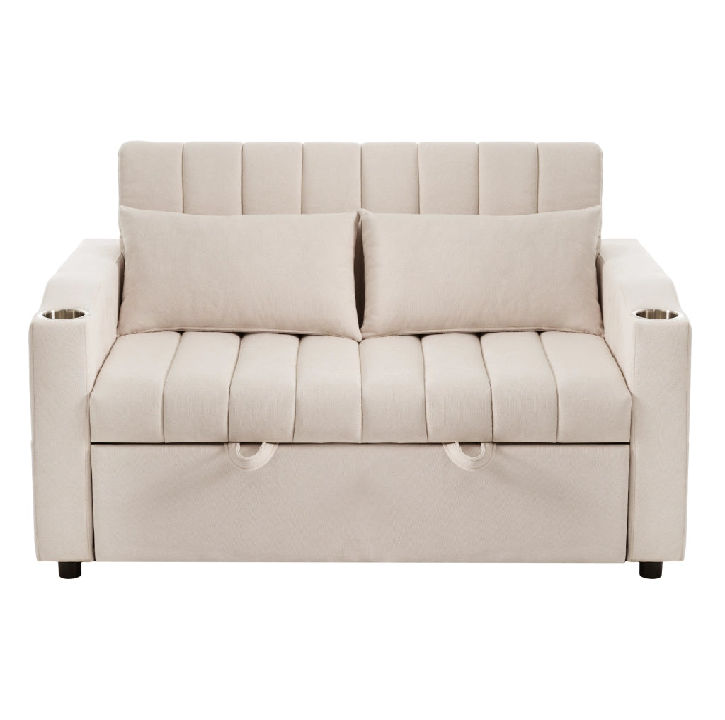 Divano letto 2 posti trasformabile con schienale reclinabile e portabevande; beige
