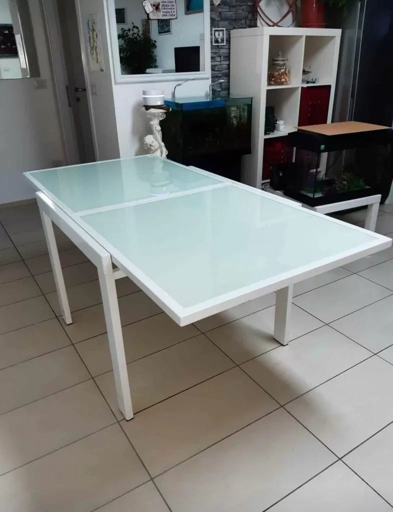 Tavolo allungabile vetro bianco base metallo bianco misura 90x90 h.75