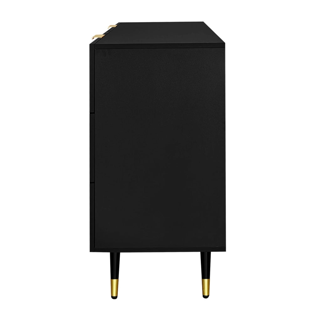 Sideboard in legno nero con finiture oro, 120x77x40 cm, 6 cassetti, design moderno