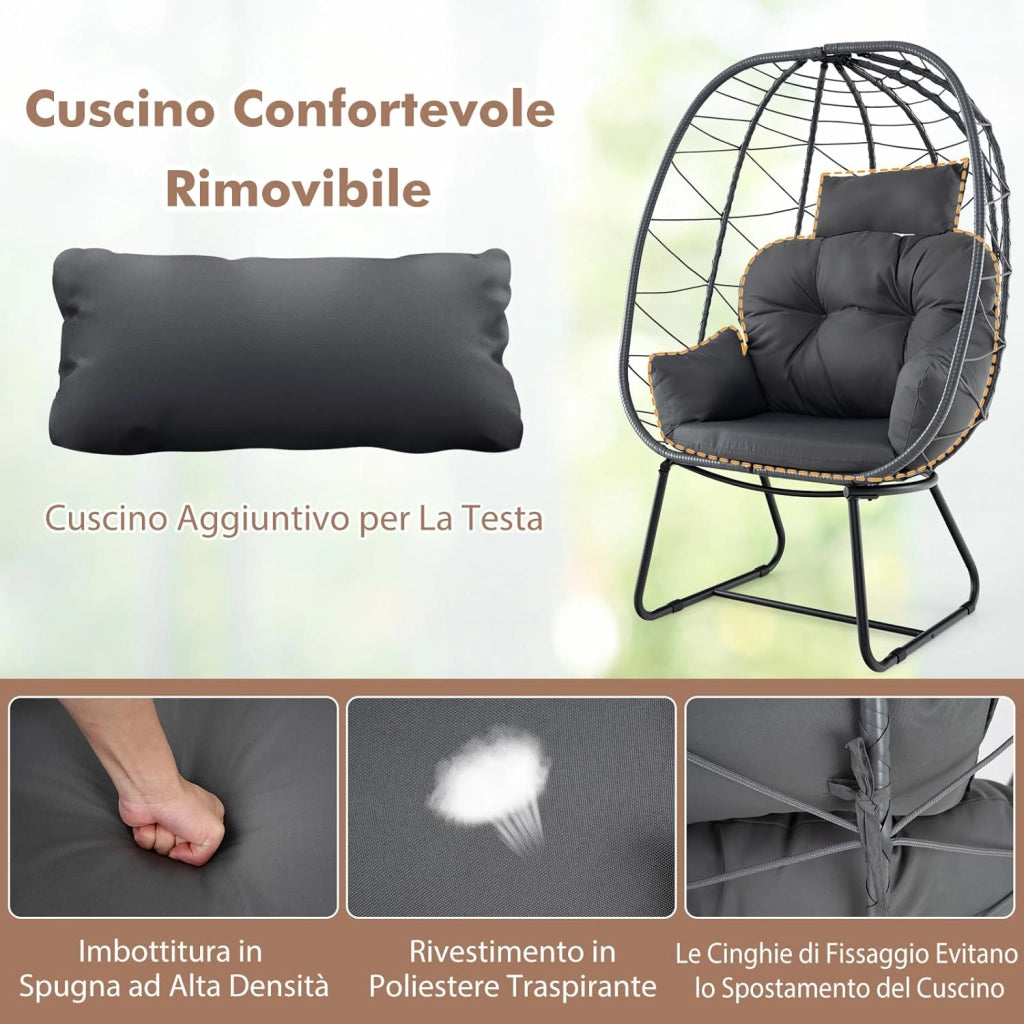 Poltrona in Rattan da Giardino, Sedia a Nido con Cuscino Rimovibile, Supporto in Metallo, Sedia a Uovo da Interni ed Esterni, Portata 150 kg, 100 x 76 x 145 cm (Grigio)