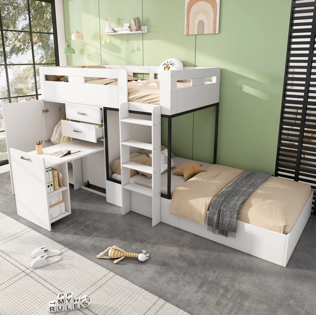 Letto a castello multifunzionale con scrivania estraibile e armadio; 90x200 cm; bianco e nero