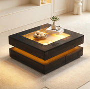 Tavolino da caffè 70x70x35 cm con LED e 3 cassetti; vetro temperato; nero