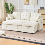 Divano angolare con letto chaise longue reversibile in chenille beige con vano contenitore 85 × 206 × 130 cm
