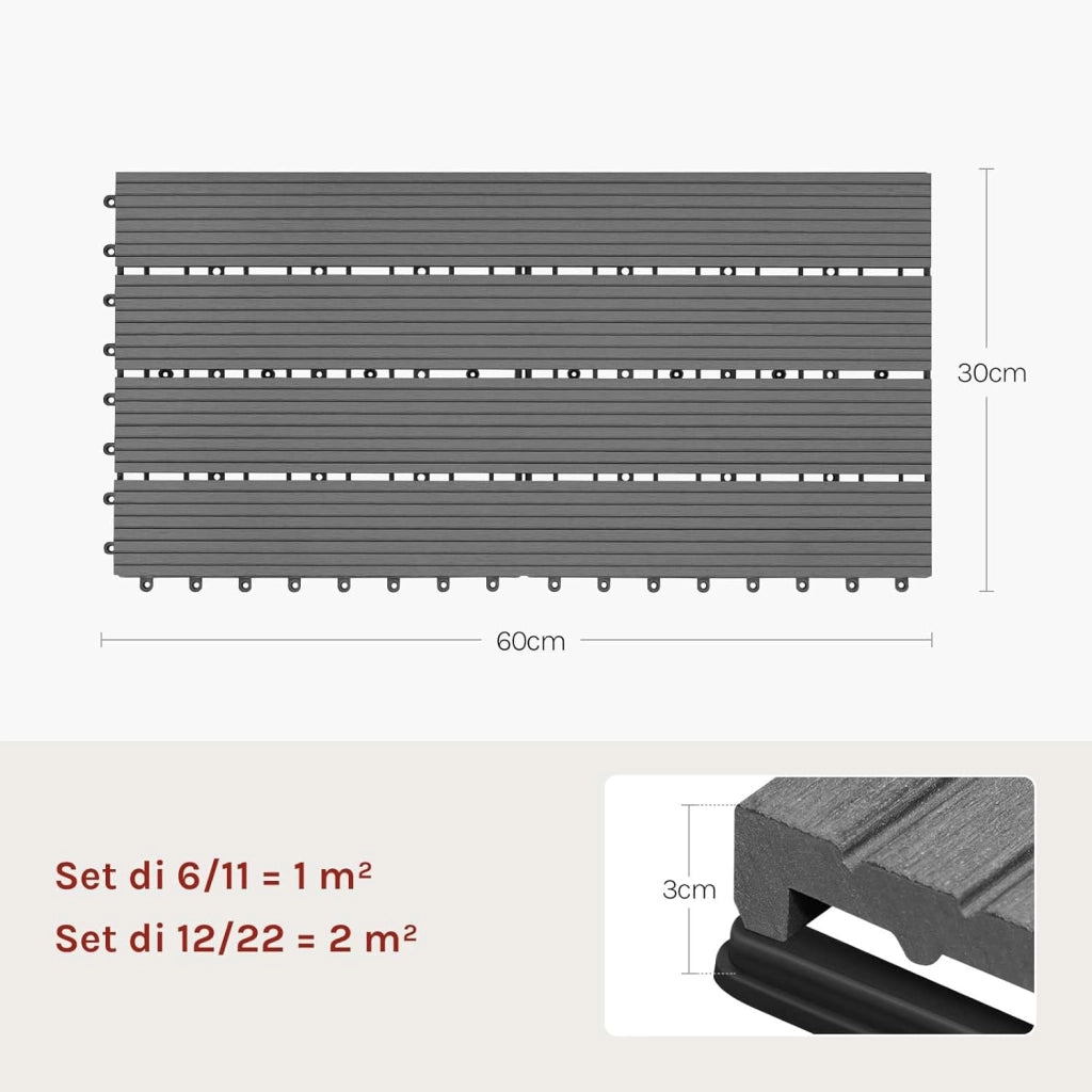 Piastrelle per Pavimenti da Esterno Mattonelle Pavimentazione ad Incastro Click-Deck in Legno Composito, con 12 Pannelli da 30x60 cm Grigio Chiaro