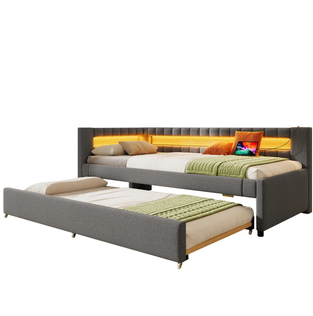 Divano letto 90x200 cm grigio con letto estraibile, LED, USB e Type-C