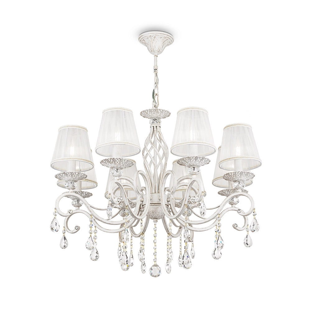 Lampadario Shabby Chic Grace Metallo Bianco 8 Luci Diffusori Bianchi
