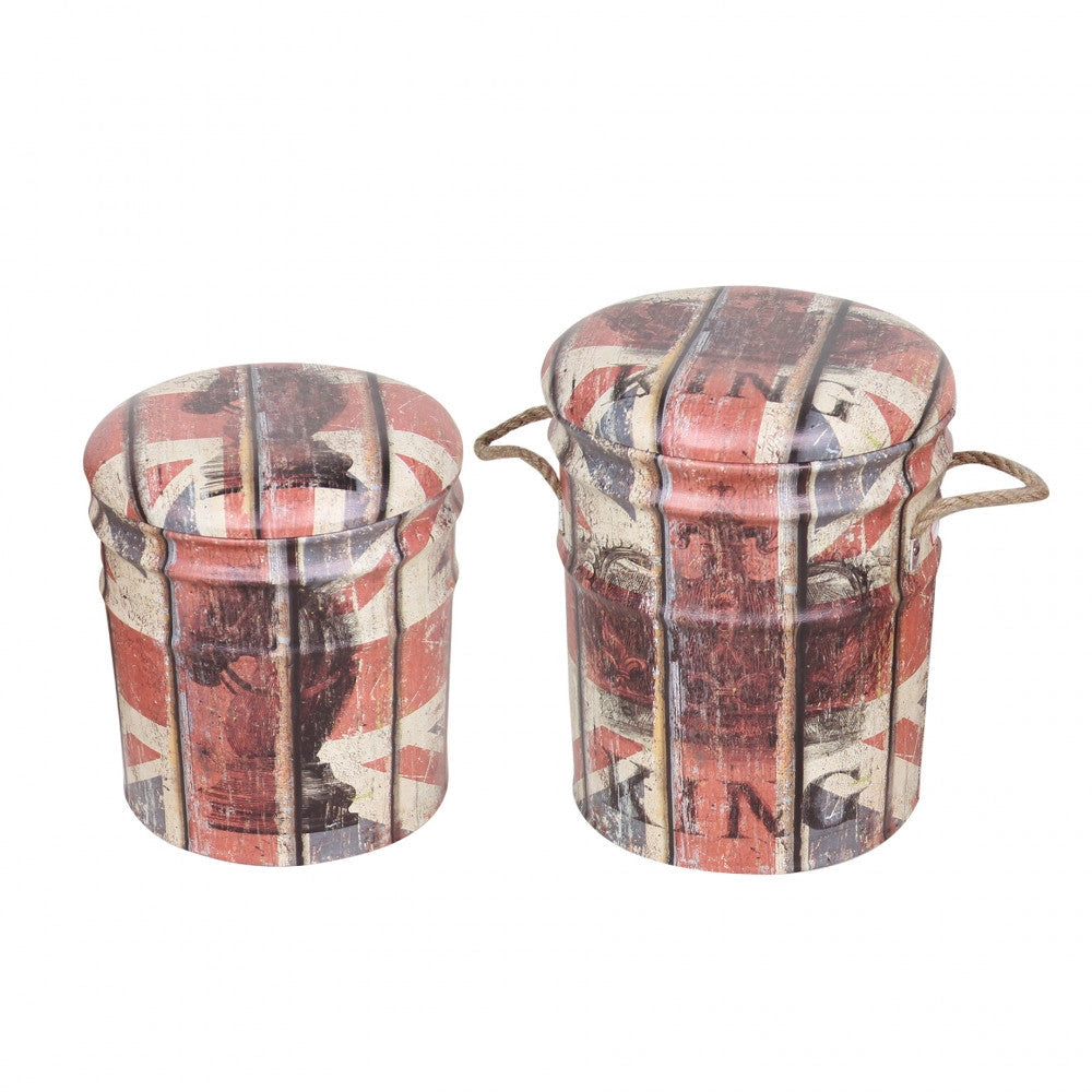 Set 2 Pouf Contenitore Tondo in MDF Panna e Rosso