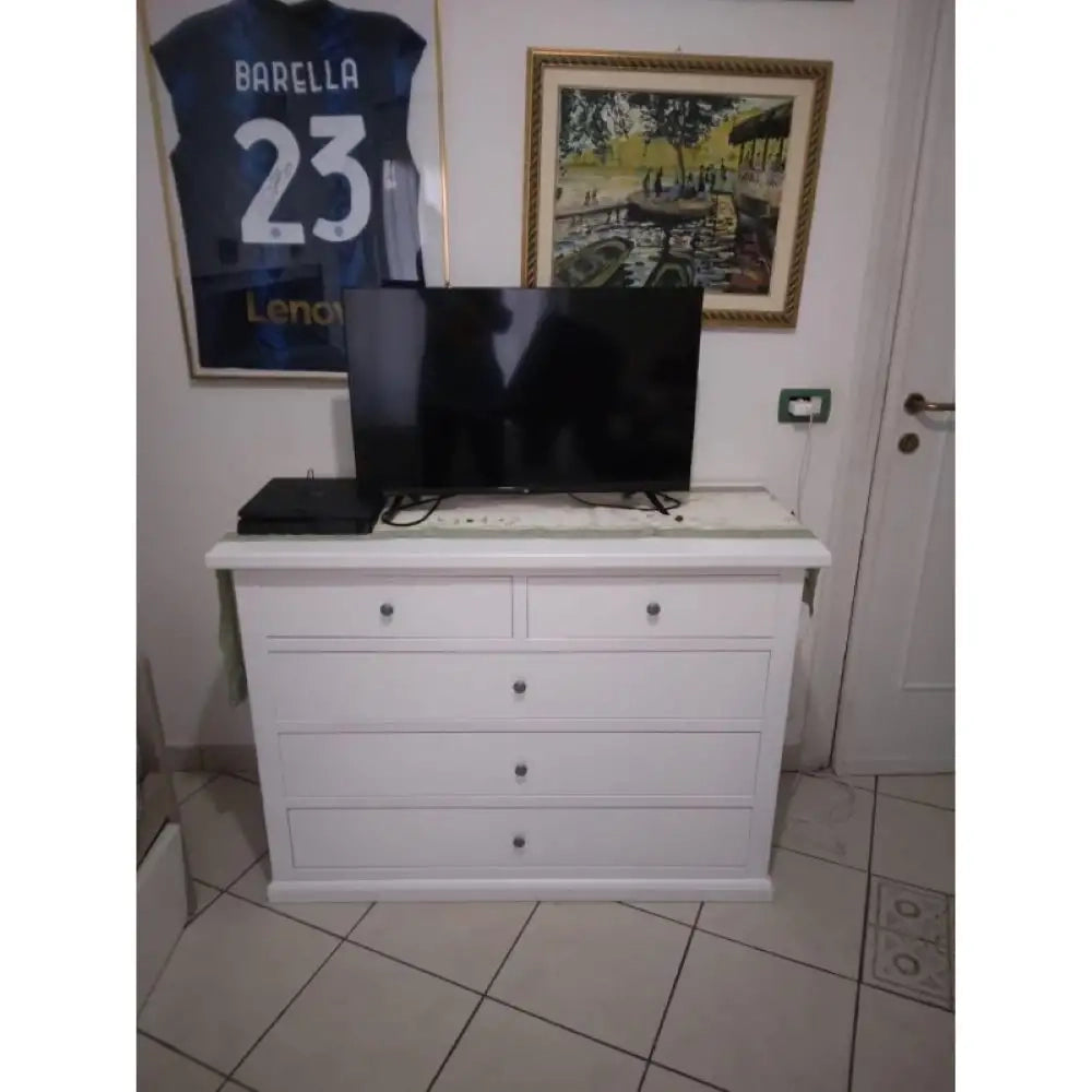 Como 3 cassetti 122x55x90H e 2 Comodini 60x35x64H arte povera in legno massello e mdf con rifinitura in bianco
