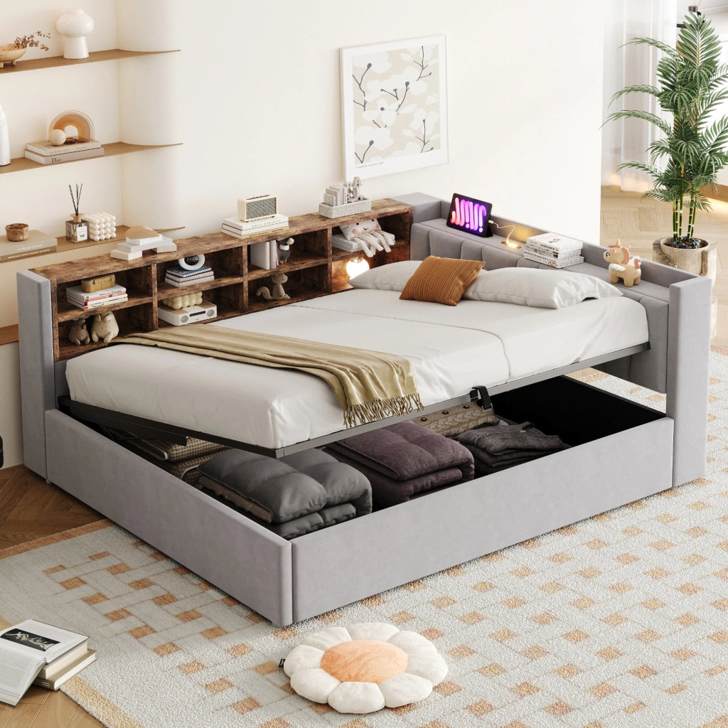 Letto imbottito 140x200 cm grigio chiaro in velluto con contenitore idraulico