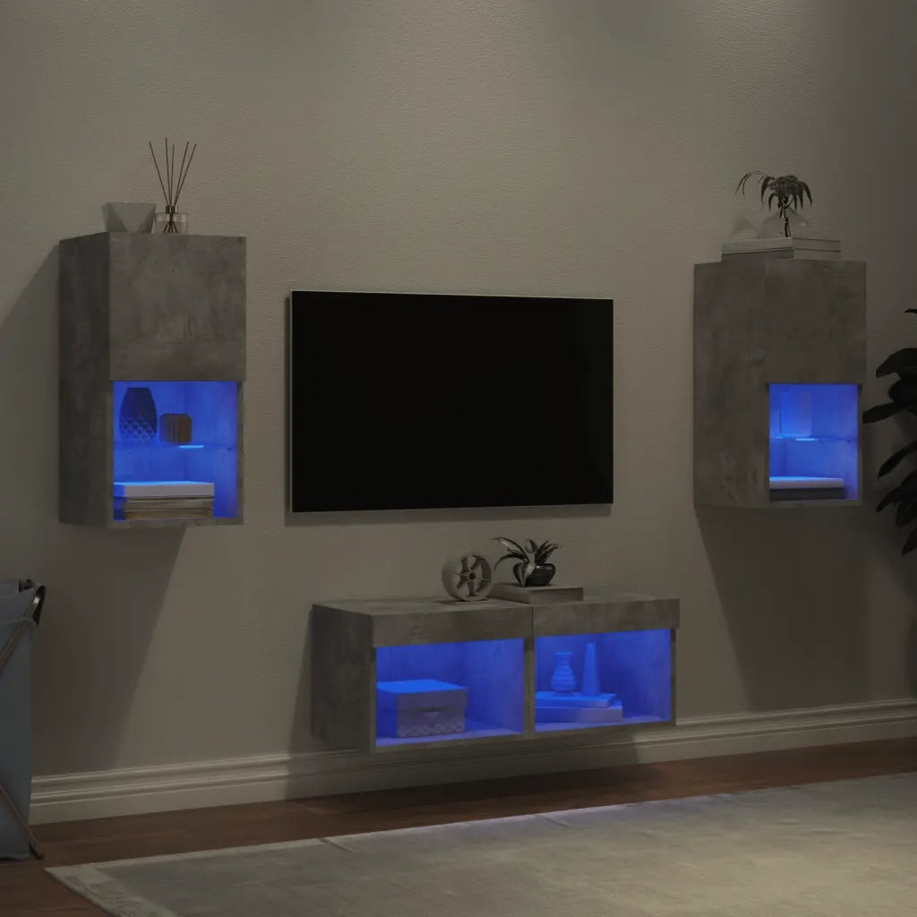 Mobili TV a Muro 4 pz-Credenza per TV con Luci LED Grigio Cemento 491899