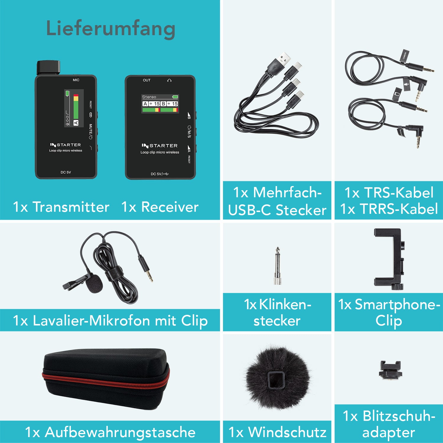 Sistema lavalier wireless Instarter con microfono integrato, 1 trasmettitore e 1 ricevitore, portata 50 m, connessione USB-C e batteria 6 h, ideale per registrazioni con telefono, tablet e PC