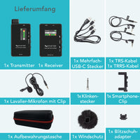 Sistema lavalier wireless Instarter con microfono integrato, 1 trasmettitore e 1 ricevitore, portata 50 m, connessione USB-C e batteria 6 h, ideale per registrazioni con telefono, tablet e PC